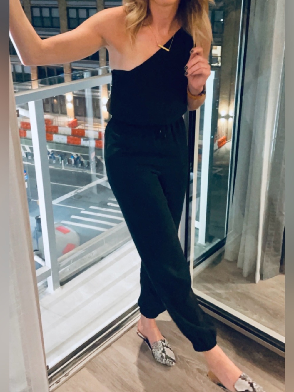PAIGE “Maisie” One-Shoulder Jumpsuit – Black – XS – Silk Feel / Cuffed Ankle